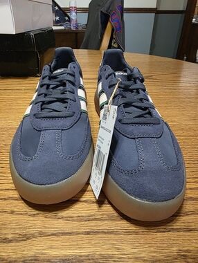 adidas Barreda Decode Size 6w Navy Suede Sneakers with White & Green Stripes